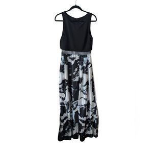 Betsy & Adam Printed‎ Black Blue Illusion Mesh Waist Satin Maxi Dress Size 10